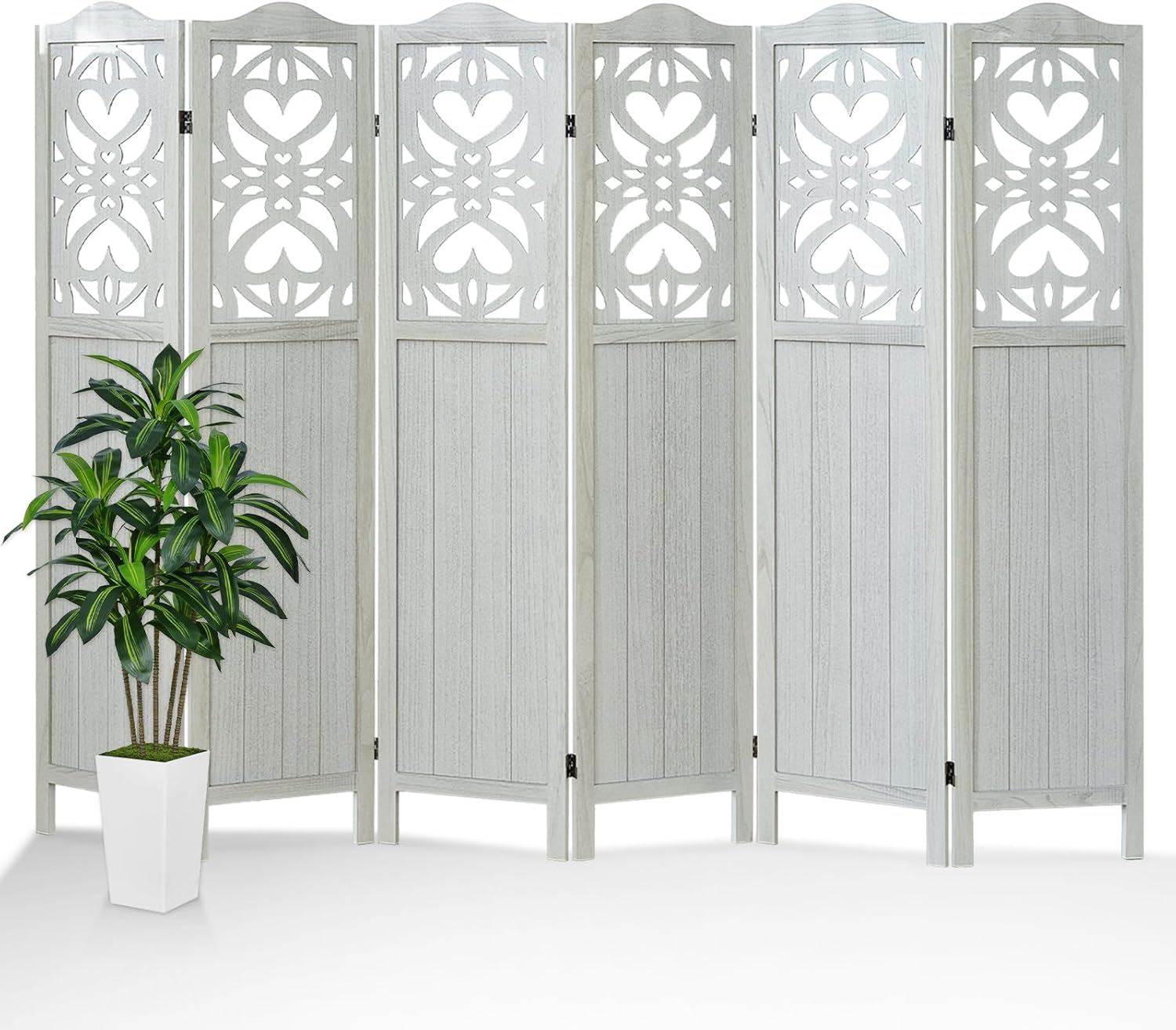 6 Panel Room Divider Wall, 5.6Ft Tall Room Divider Panel and Folding Privacy Screen, Portable Carved Partition Screen, Wall Divider for Room Separation Bedroom Home Office - Light Gray