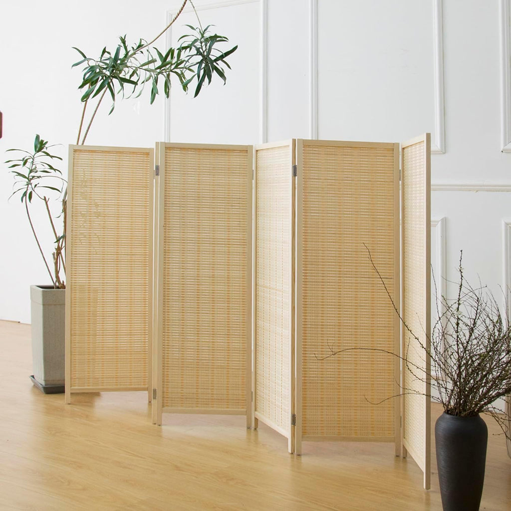 6 Panel Room Divider Short Folding Screen Divider,Double Sided Bamboo Panel Divider for Room Separation,Beige,47.2" H x 92.1" W
