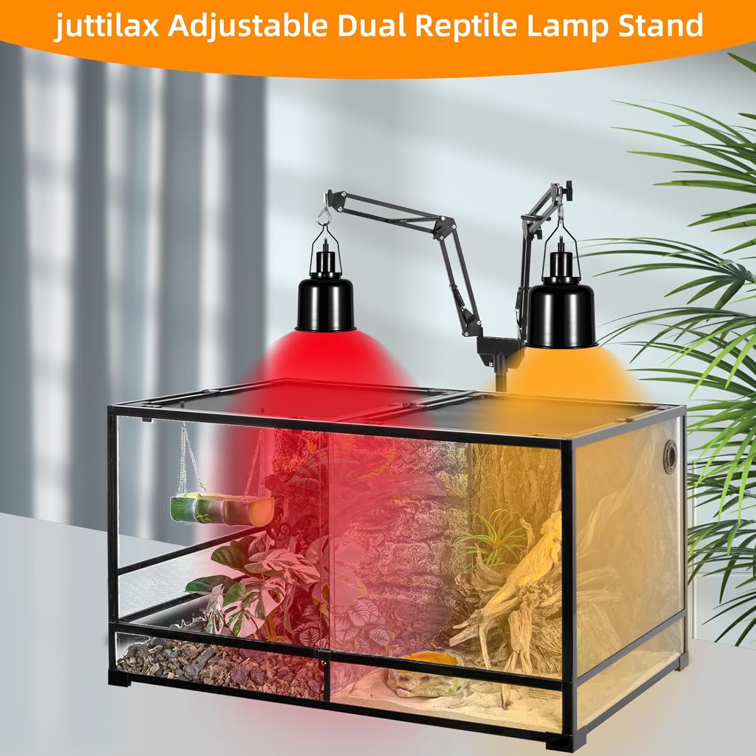 Dual Reptile Heat Lamp Stand, Adjustable Reptile Light Stand (15.7-74.3inch) with 360° Swing Arm and Anti-tip Clip, Lamp Holder for Terrarium, Amphibians Cage and Plants