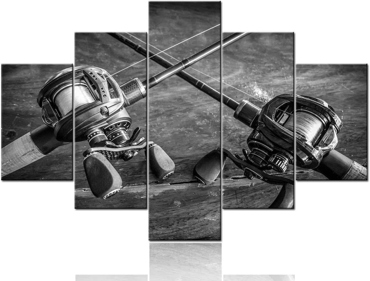 Black and White Pictures Angling Tools Paintings Fishing Sports Wall Art 5 Panel Printed on Canvas Grey Artwork for Living Room Rustic Home Decor Framed Ready to Hang Poster and Prints(60''WX40''H)