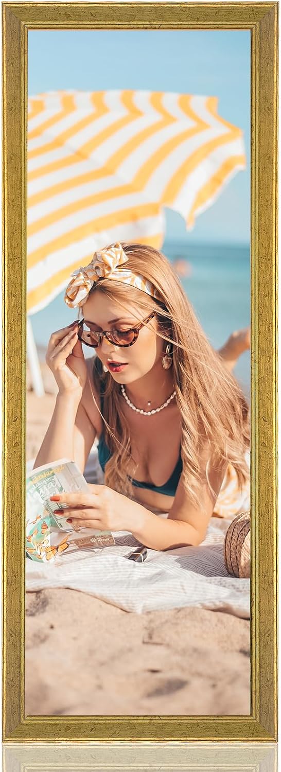Wood 5x15 Frame Gold, Ornate Natural 15x5in Poster Picture Frame, Modern Golden 5 x 15inch Gallery Wall Photo Frame with HD Plexiglass, Horizontal Vertical Wall Mounting Display 1pcs
