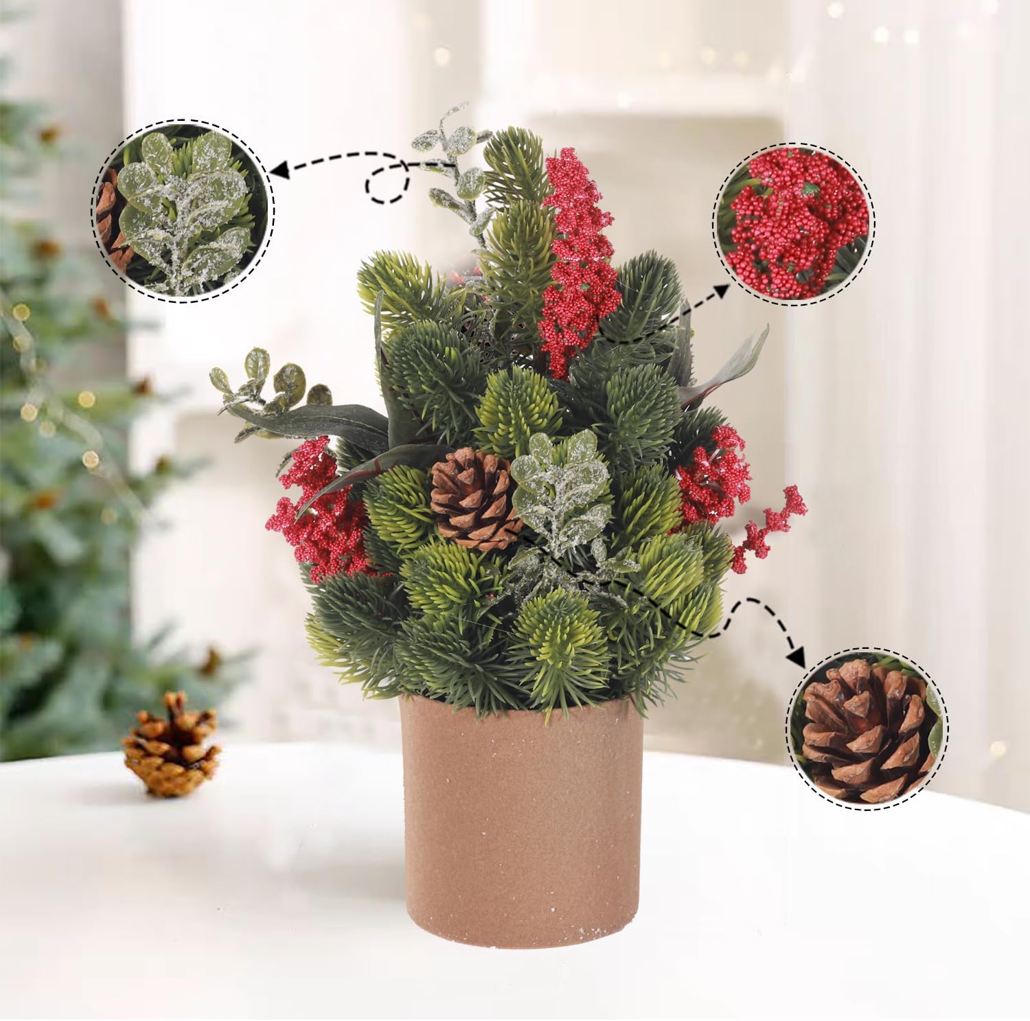 Mini Christmas Tree with Red Berries Balls Pine Cones in Brown Pot, 2 Pack Miniature Christmas Trees Xmas Table Decor Small Christmas Decorations for Bedroom Xmas Table Centerpieces