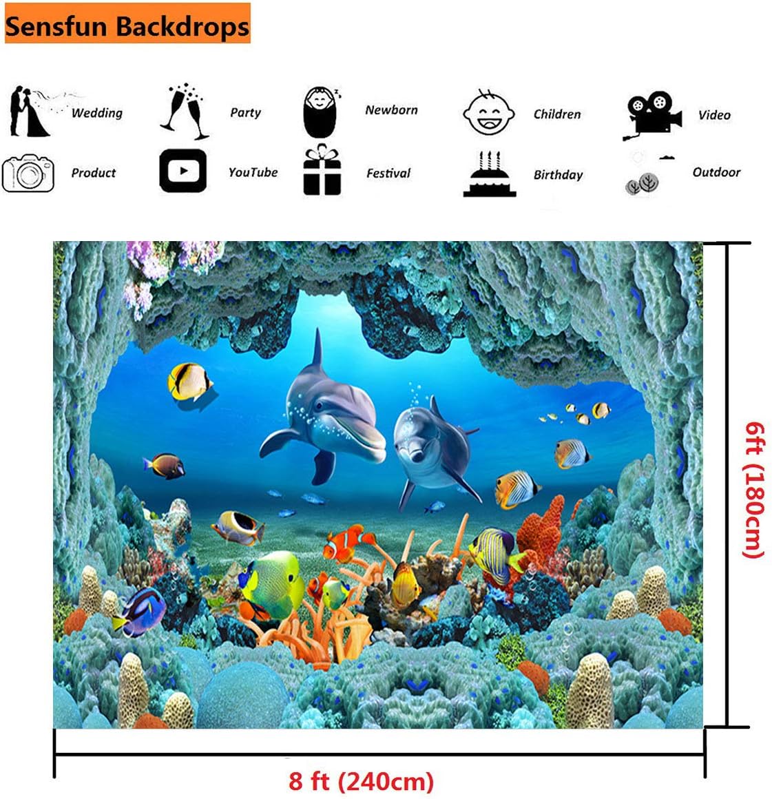 Sensfun 8x6ft 3D Underwater World Photo Backdrop Aquarium Coral Fish Under Sea Cave Dolphin Photography Background for Baby Shower Birthday Cake Table Decor Children Portrait Photo Studio Props(WP124)