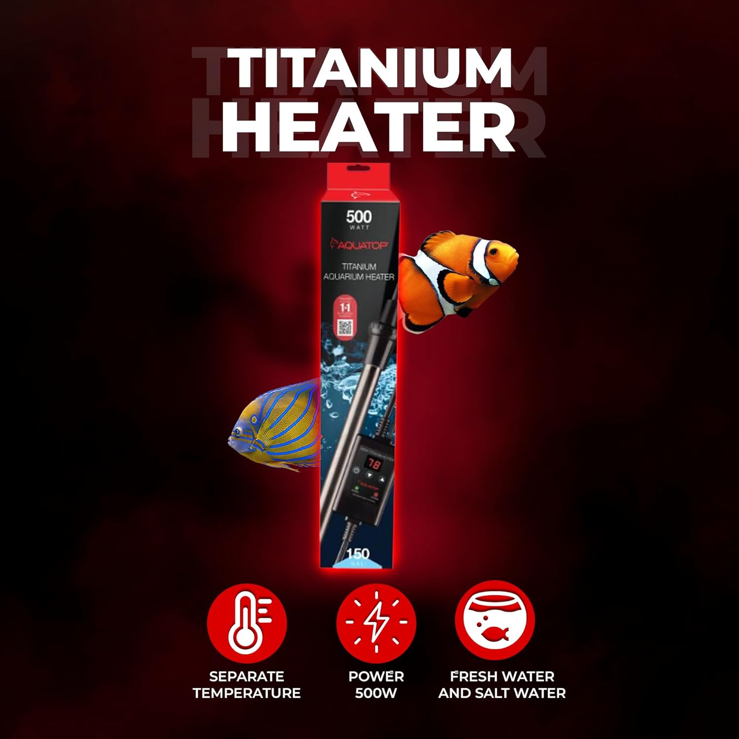 Aquatop 500W Titanium Heater with Controller – Fully Submersible - Up to 150 Gal – 68-92°F Adjustable Temperature – Ideal for Turtles & Large Fish