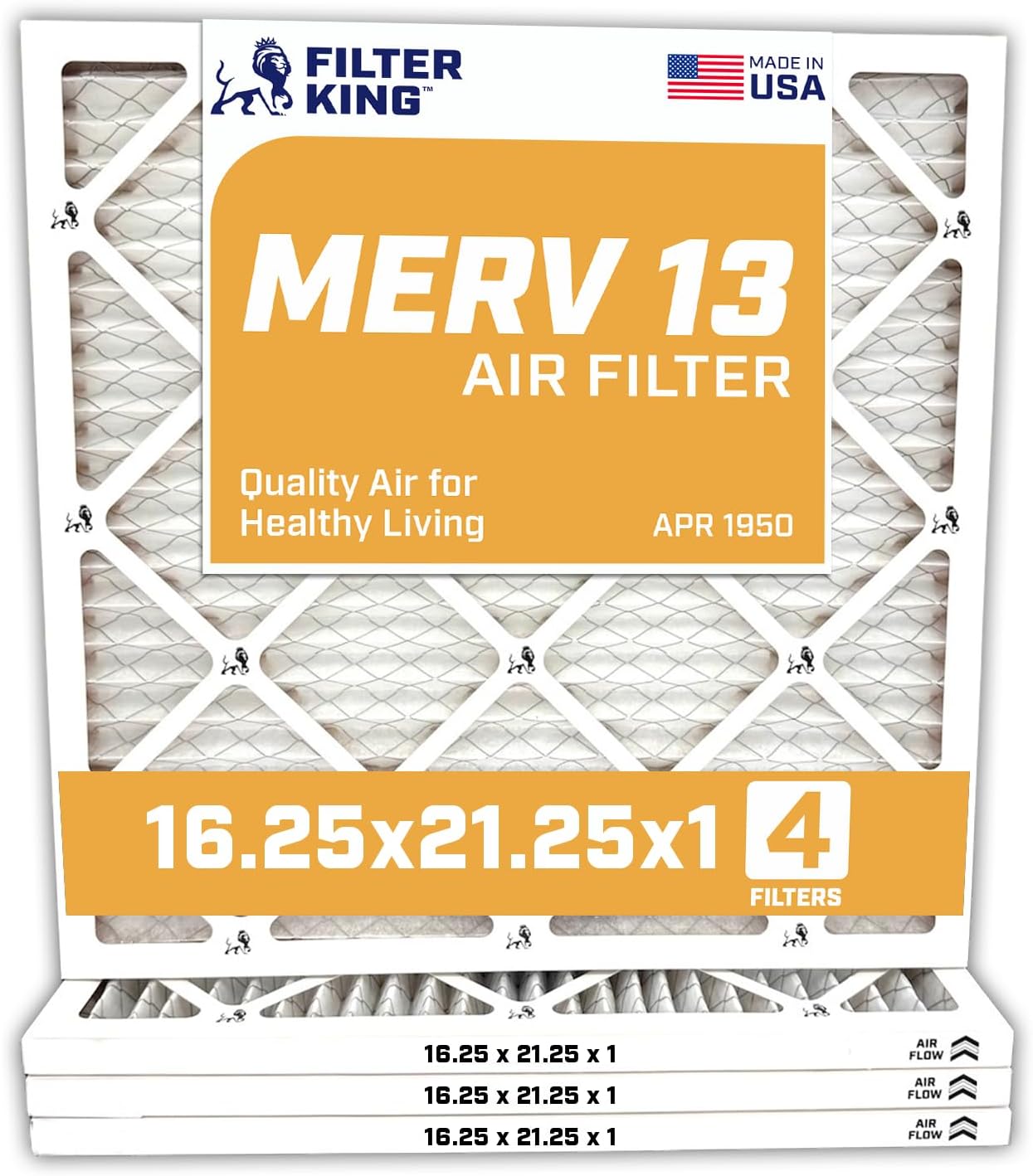 Filter King 16.25x21.25x1 Air Filter | 4-PACK | MERV 13 HVAC Pleated A/C Furnace Filters | MADE IN USA | Actual Size: 16.25 x 21.25 x .75"