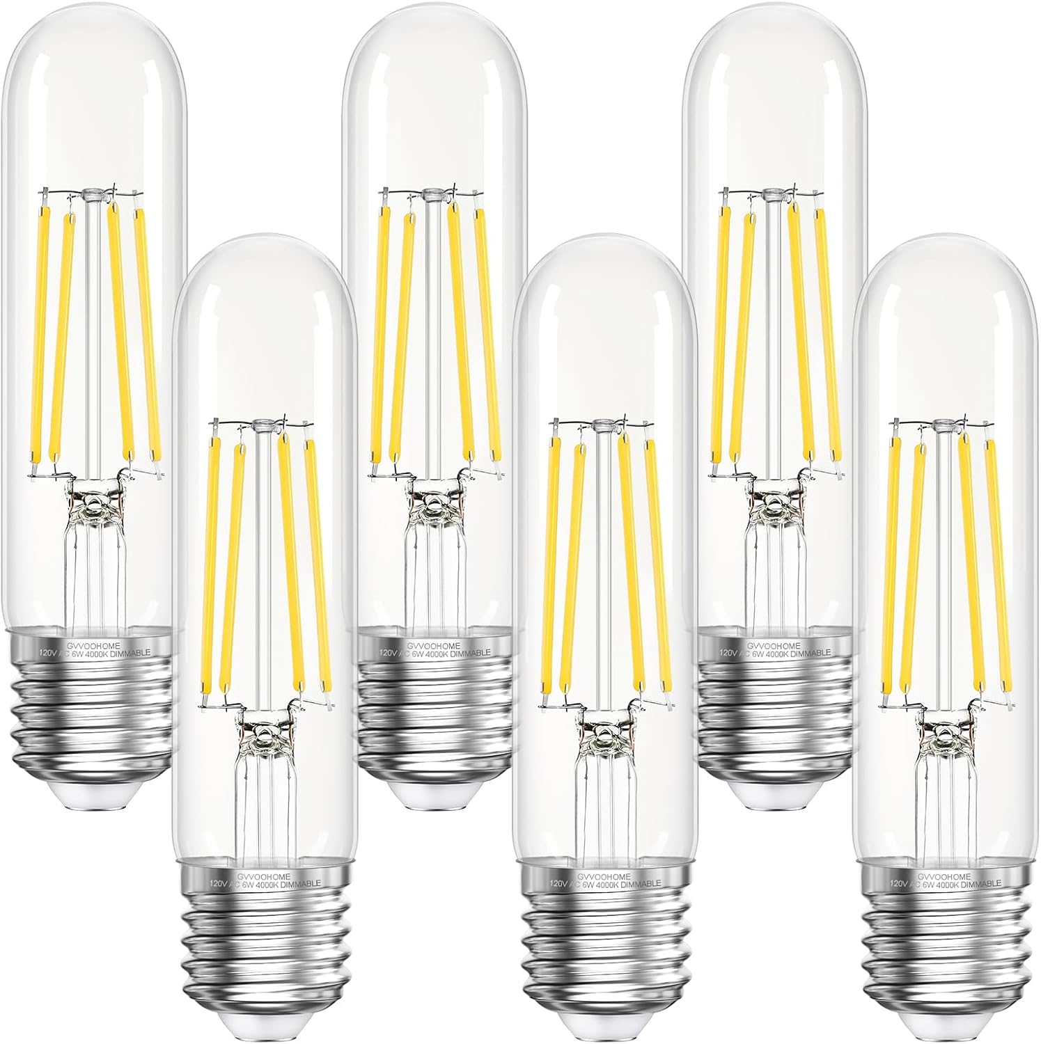 Tubular LED Edison Bulb Dimmable 4000K Neutral White, 6W, 60 watt Equivalent, E26 LED Light Bulbs, T10 Edison Bulbs for Chandeliers, Ceiling Fan, 90+CRI 600LM, 6 Pack