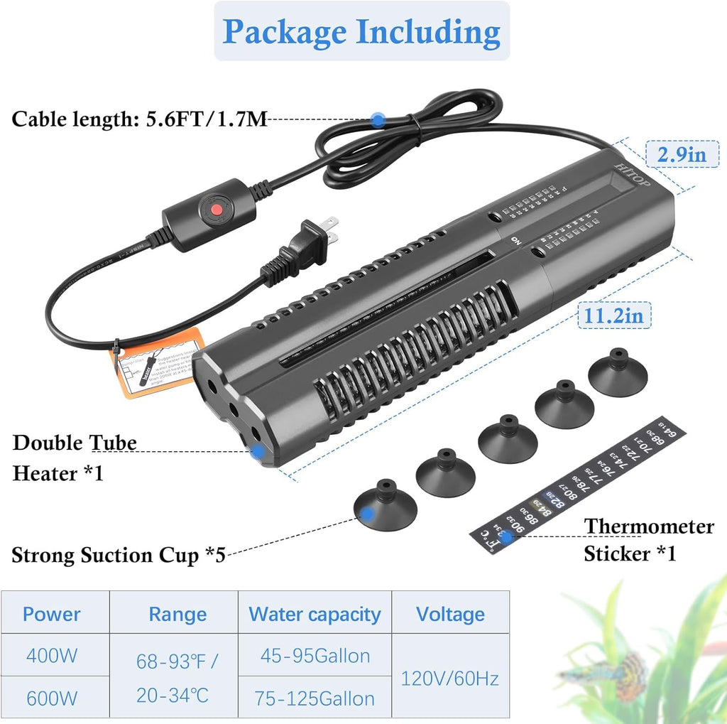 HITOP 400W 600W Submersible Aquarium Heater, Fish Tank Heater with External Controller and Cover, Large Heater for Seawater/Fresh Water Aquarium