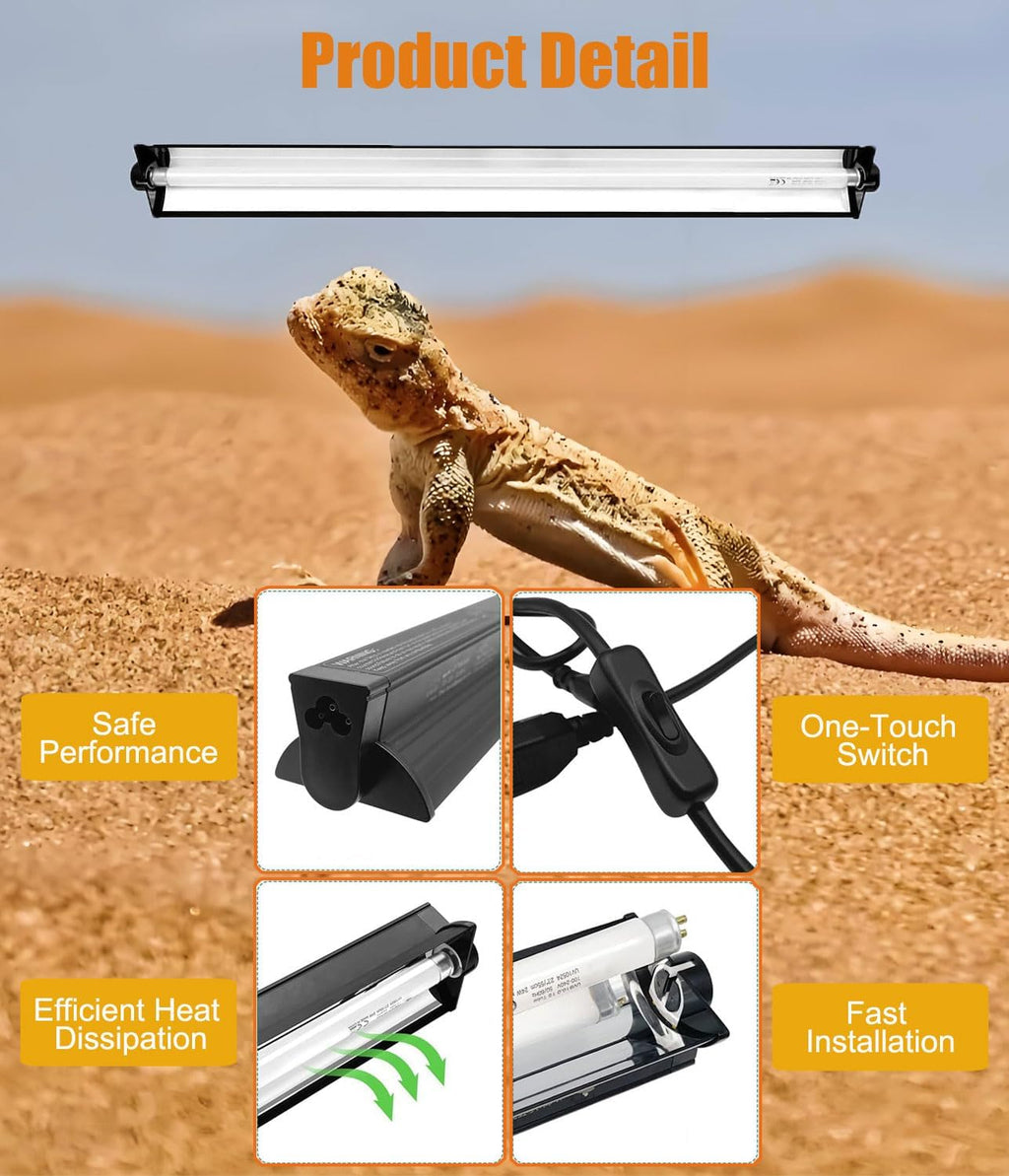 24W T5 UVB Reptile Light Fixture Combo Kit – 10.0 UVB Fluorescent Tube for Bearded Dragons, Lizards & Tortoises – UVA UVB Reptile Light, 22" Terrarium Hood (UVB 10.0-Desert, 22INCH-24W)