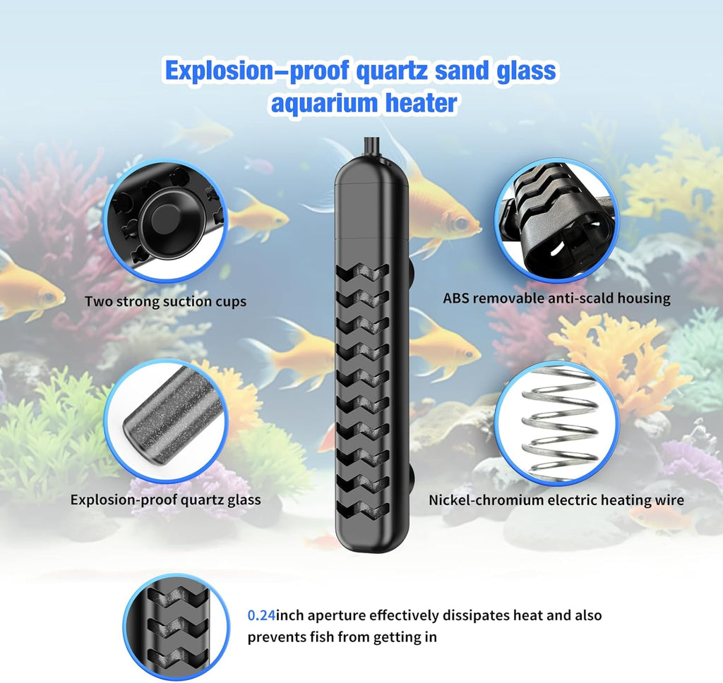 Submersible Aquarium Heater 100W/200W/300W/500W, Fish Tank Heater with high-Temperature Protection and Turtle Tank Heater with Automatic Power-Off When Leaving seawater or Freshwater.