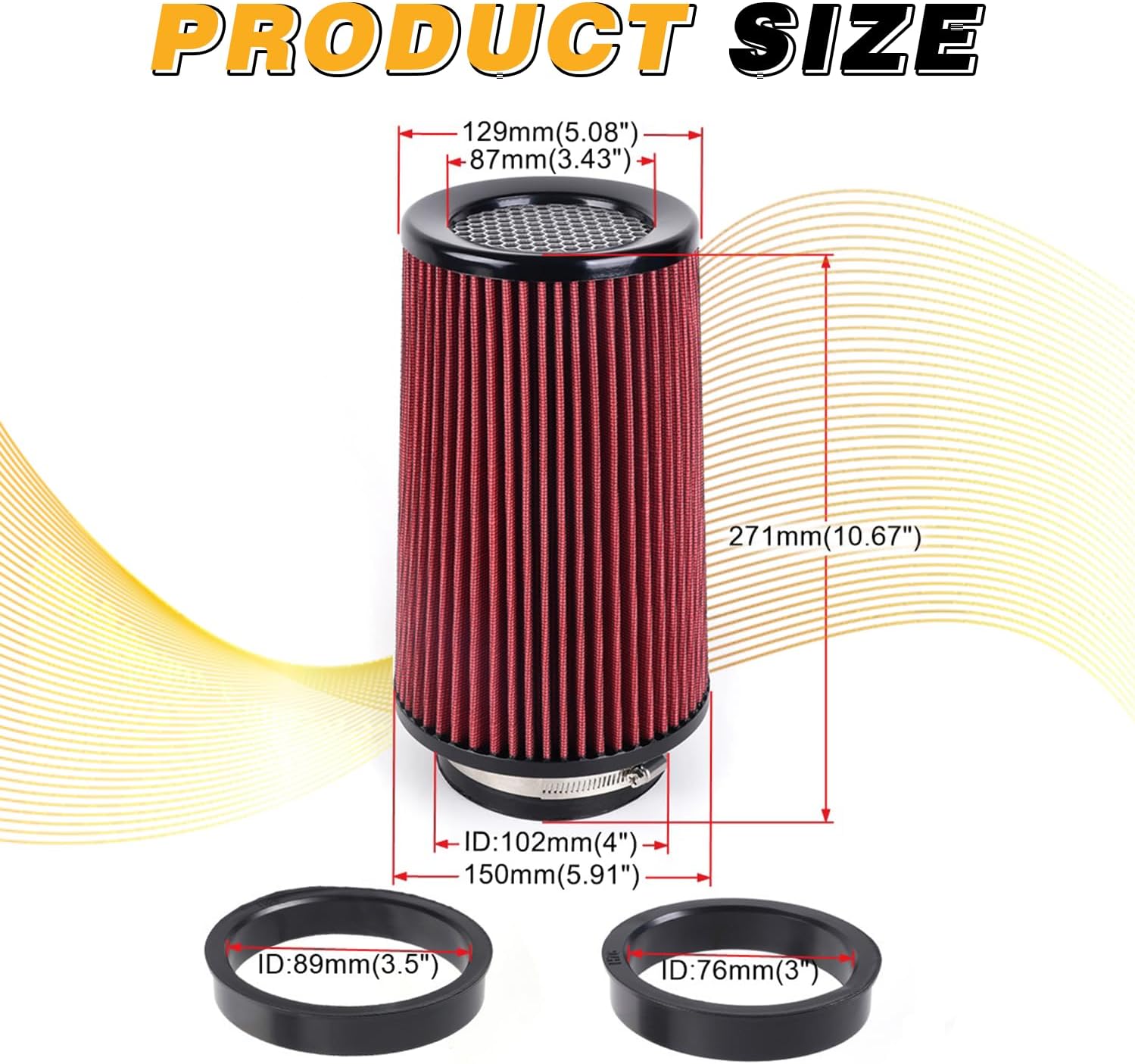 4-Inch Cold Air Intake Filter - Washable, High Performance, 3" or 3-1/2" or 4" Clamp-On Filter Height: 9 In Replacement Cone Air Filter Universal 3 Sizes in 1 (Red)
