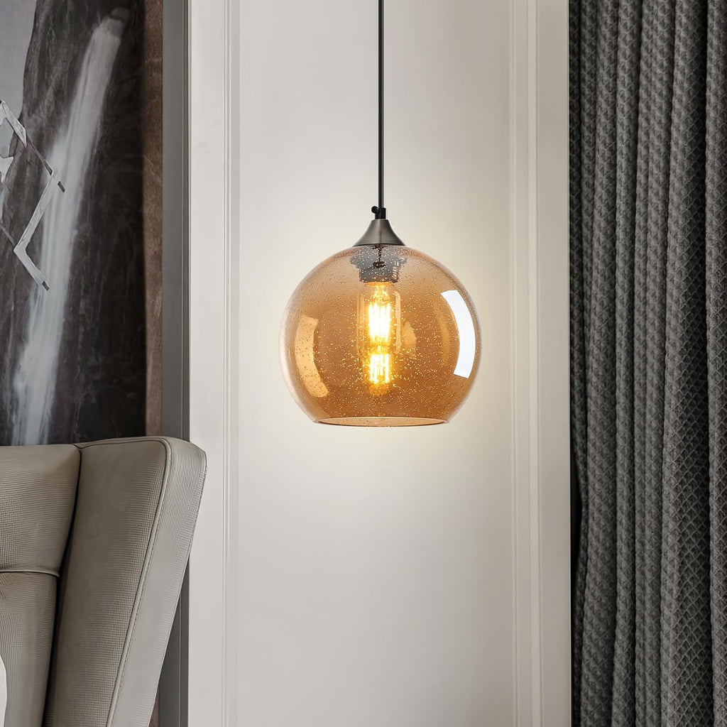 Amber Glass Pendant Lights Kitchen Island Lighting Globe Pendant Light Fixtures Modern Pendant Lighting for Bedroom Living Dining Room Light Fixture (7.87 in, 3 Pack)