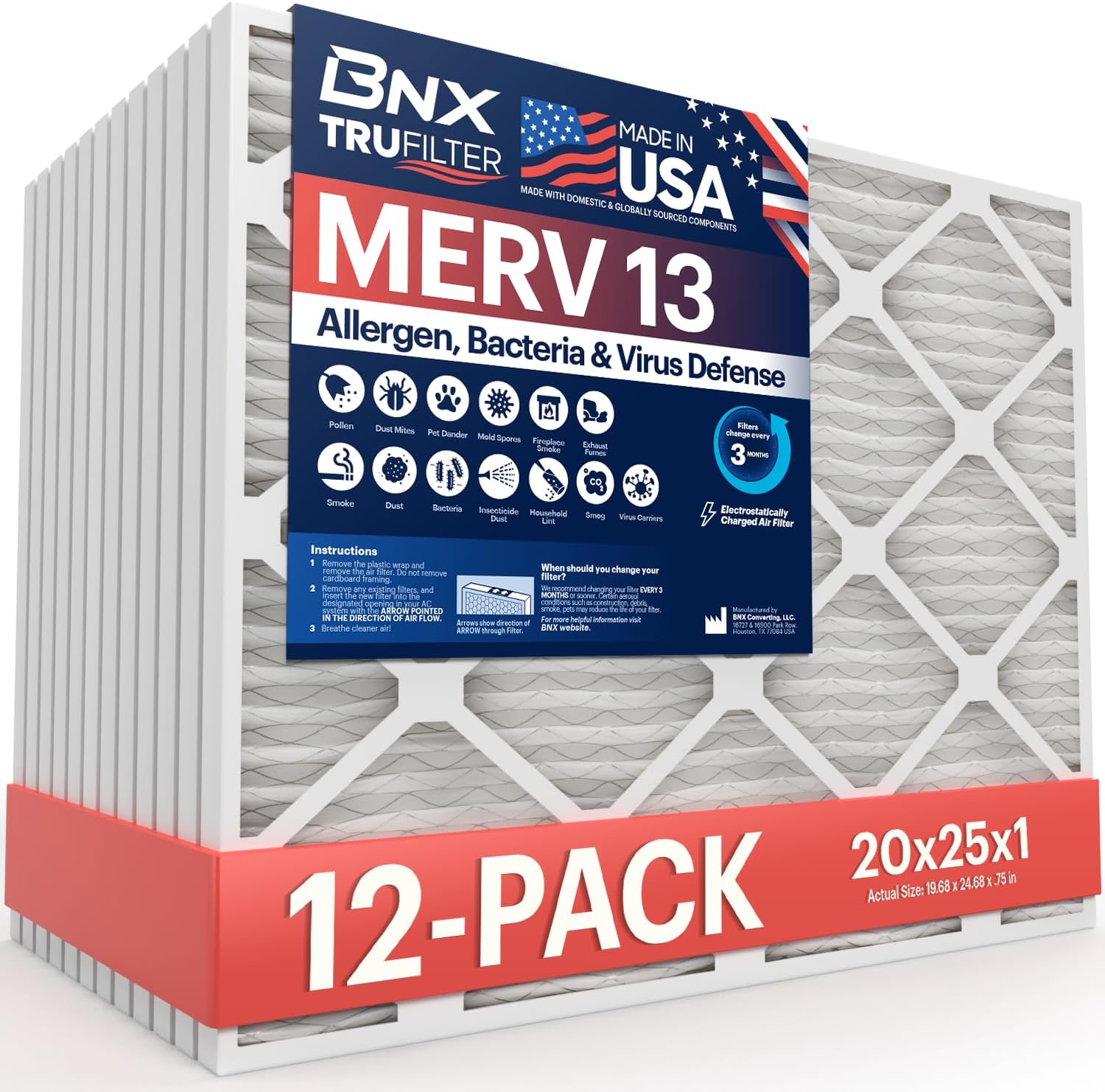 BNX TruFilter 20x25x1 MERV 13 (12-Pack) AC Furnace Air Filter - MADE IN USA - Electrostatic Pleated Air Conditioner HVAC AC Furnace Filters - Removes Pollen, Mold, Bacteria, Smoke