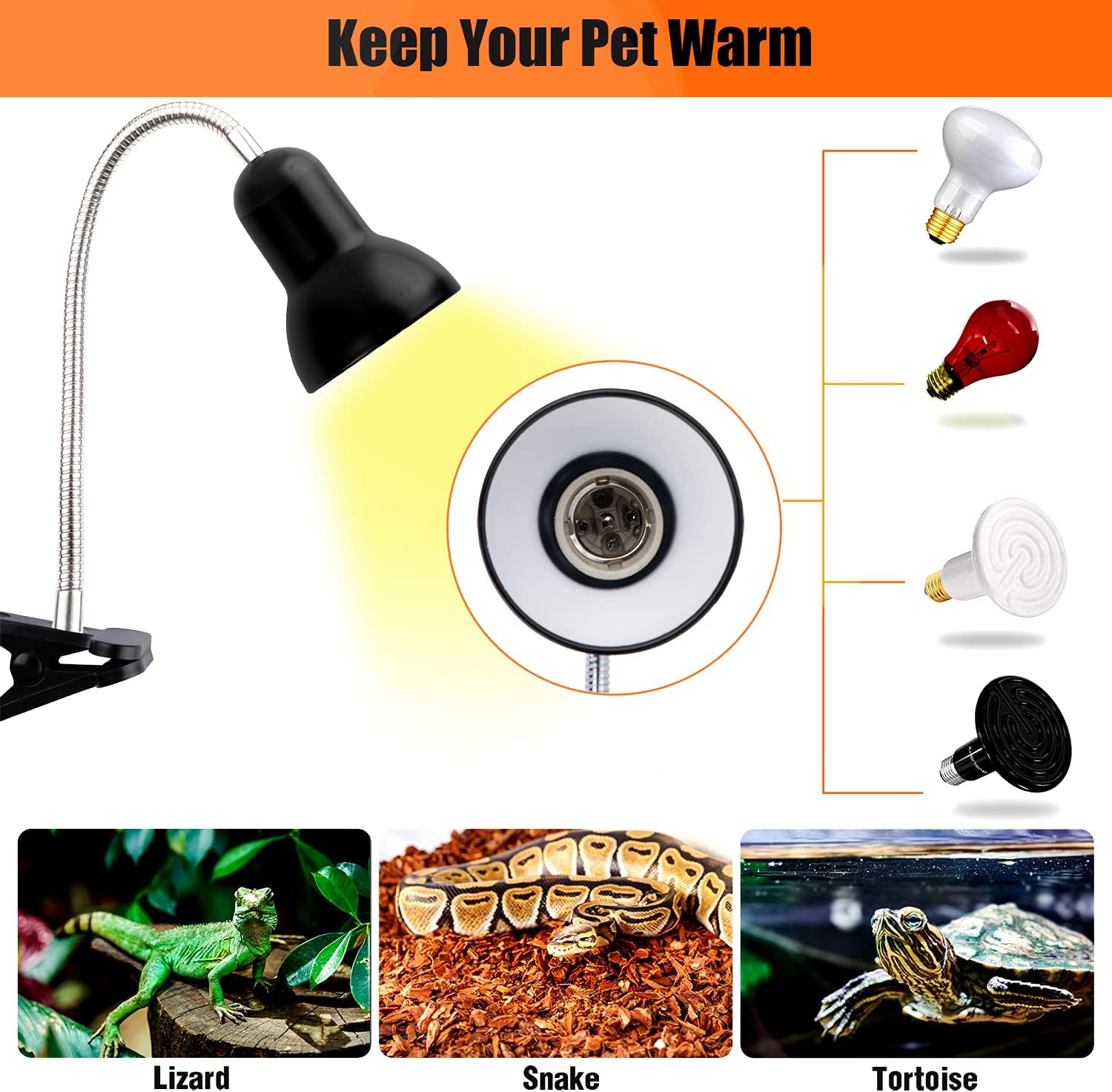 Reptile Heat Lamp Light, UVA UVB Reptile Light, Reptile Turtle Heating Lamps for Turtles Tortoise Lizards Snake Bird or Chick one Terrarium lamp Light +Two 25W Bulb+2 Clip+1tweezer