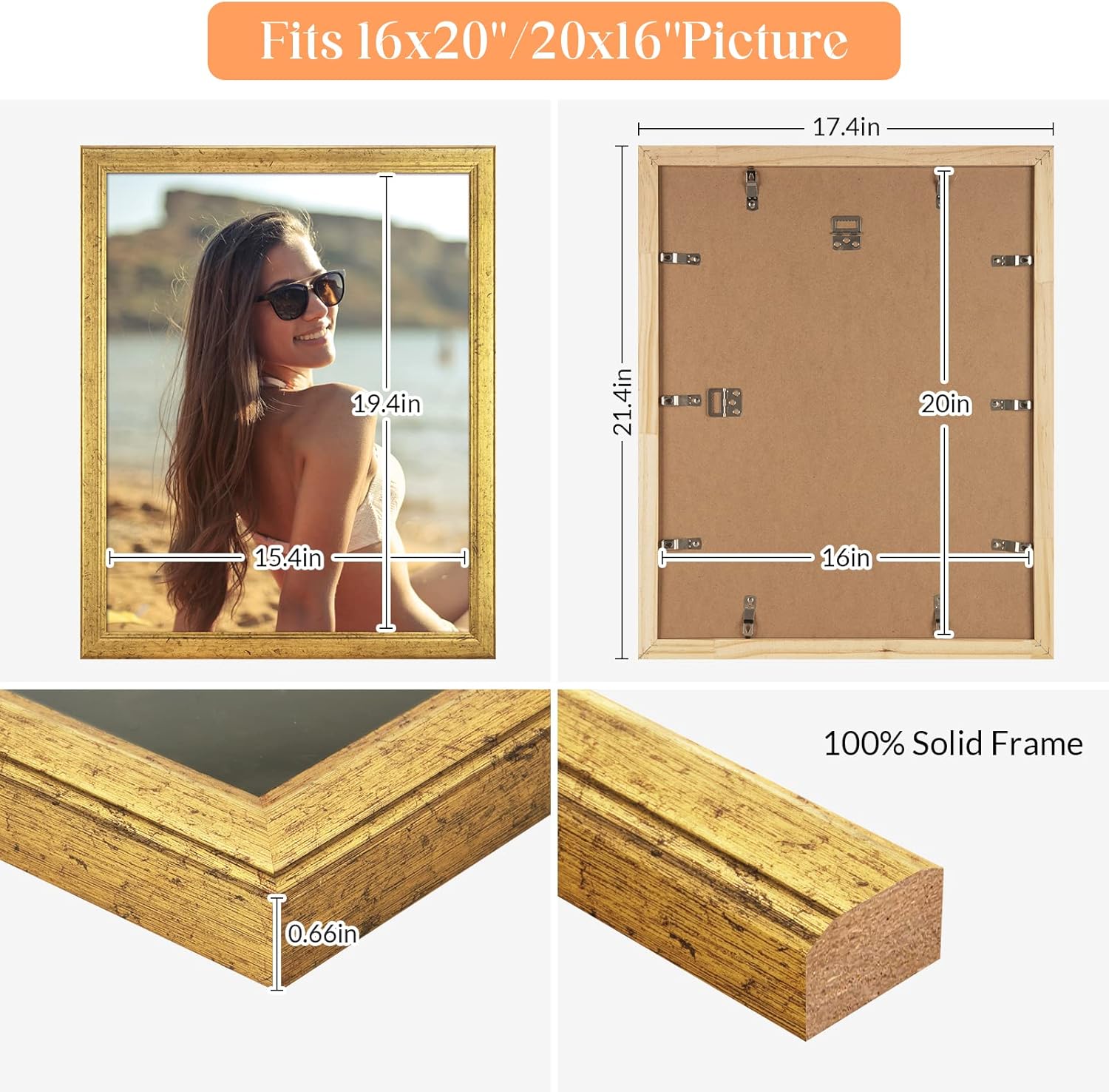 16x20 Wood Frame Gold, Ornate Natural 20x16in Picture Poster Frame, Modern Golden 16 x 20inch Gallery Wall Photo Frame with HD Plexiglass, Horizontal Vertical Wall Mounting Display 1pcs
