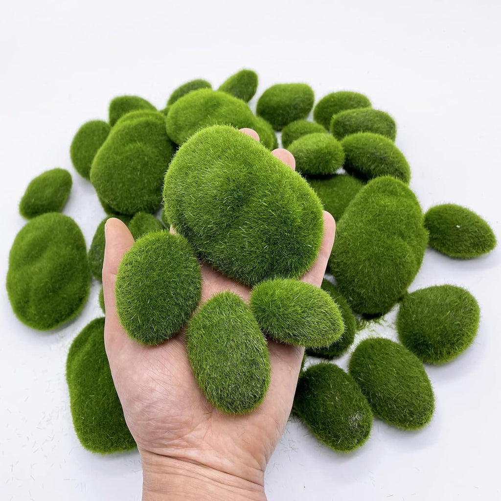 40PCS Artificial Moss Rocks Decorative Moss Balls Green Moss Covered Stones for Plants Decor Home Craft 4 Size