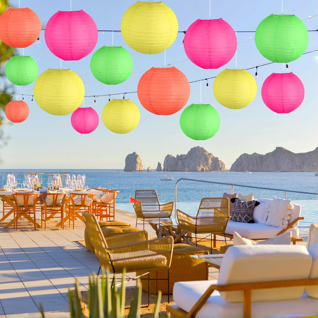 Glow in The Dark Party Supplies, Neon Party Decorations, Colorful Round Hanging Paper Lanterns Decorations for Neon Themed Birthday Wedding Baby Shower Home and Bar Decor, 15Pcs