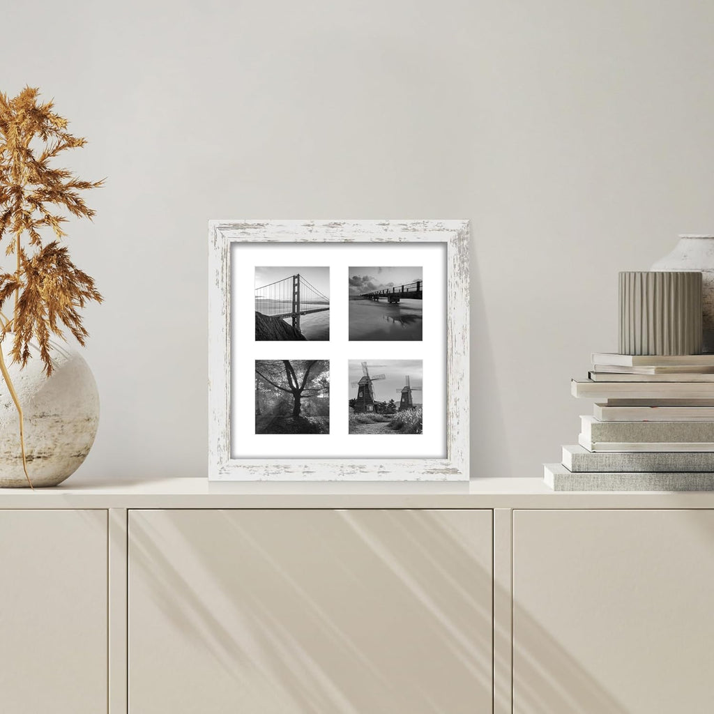 10x10 Picture Frame Set of 2, Real Glass and Distressed White Collage Frame, Display Pictures Four Opening 4x4 With Mat or 10 x 10 Without Mat for Wall Hanging or Tabletop