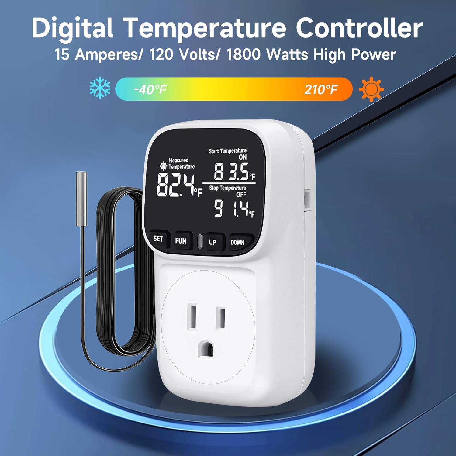 Temperature Controlled Outlet , 15A/1800W Digital Thermostat Outlet, Cyclic Timing/Countdown, -40℉~210℉ VA Display Heating Cooling Control Timer with 2Pcs Probe Cable for Reptile Incubator