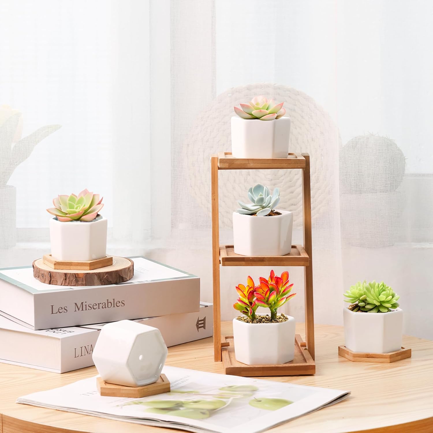T4U Small White Succulent Planter Pots with Bamboo Tray Hexagon Set of 6, Geometric Ceramic Cactus Plant Holder, Gifts for Plant Lover Gardener Women, Home Office Table Desk Decoration