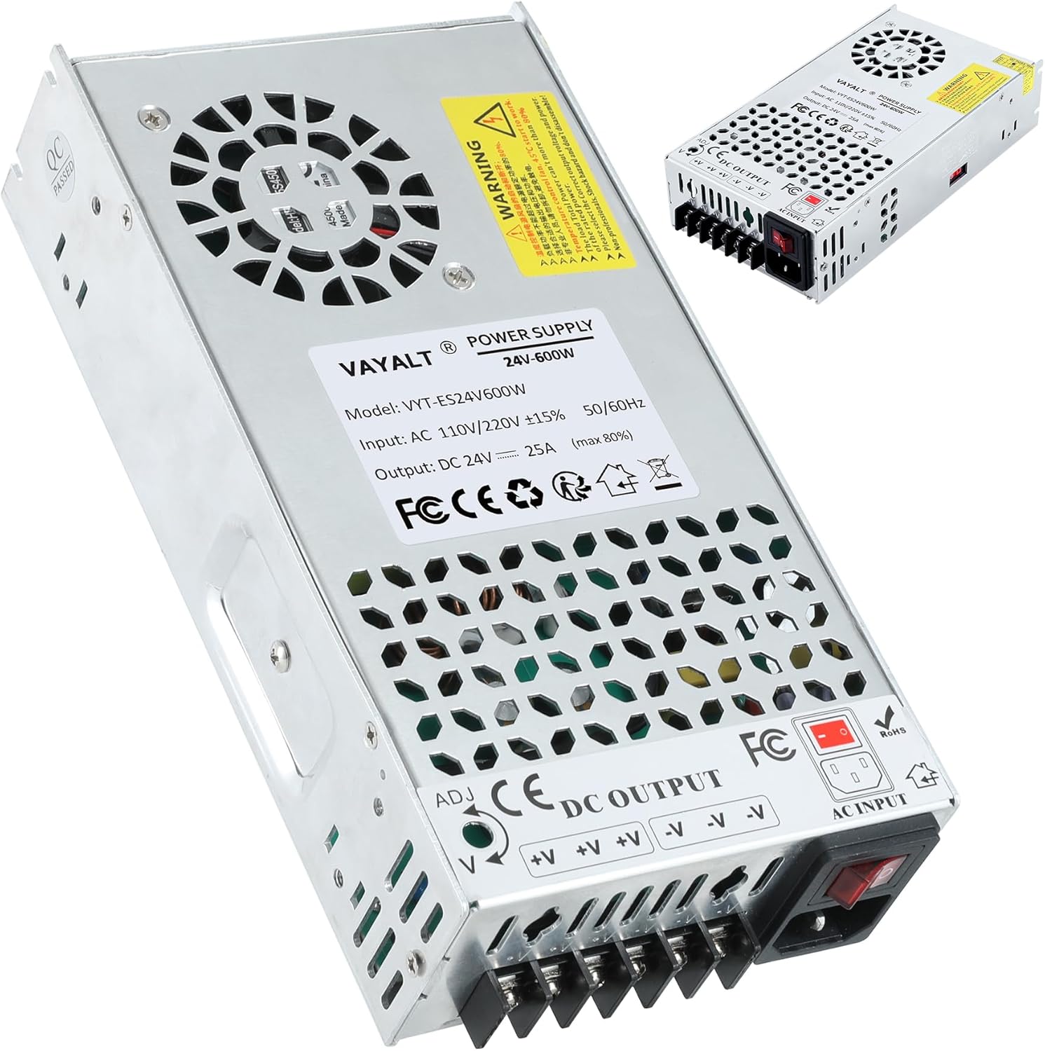 VAYALT 24V 25A 600W DC Switching Power Supply, Universal Regulated Switching AC 110V/220V to DC 24V Transformer, 24V Power Supply for Industrial, CCTV,Computer Project, LED Strip Light (No power Cord)