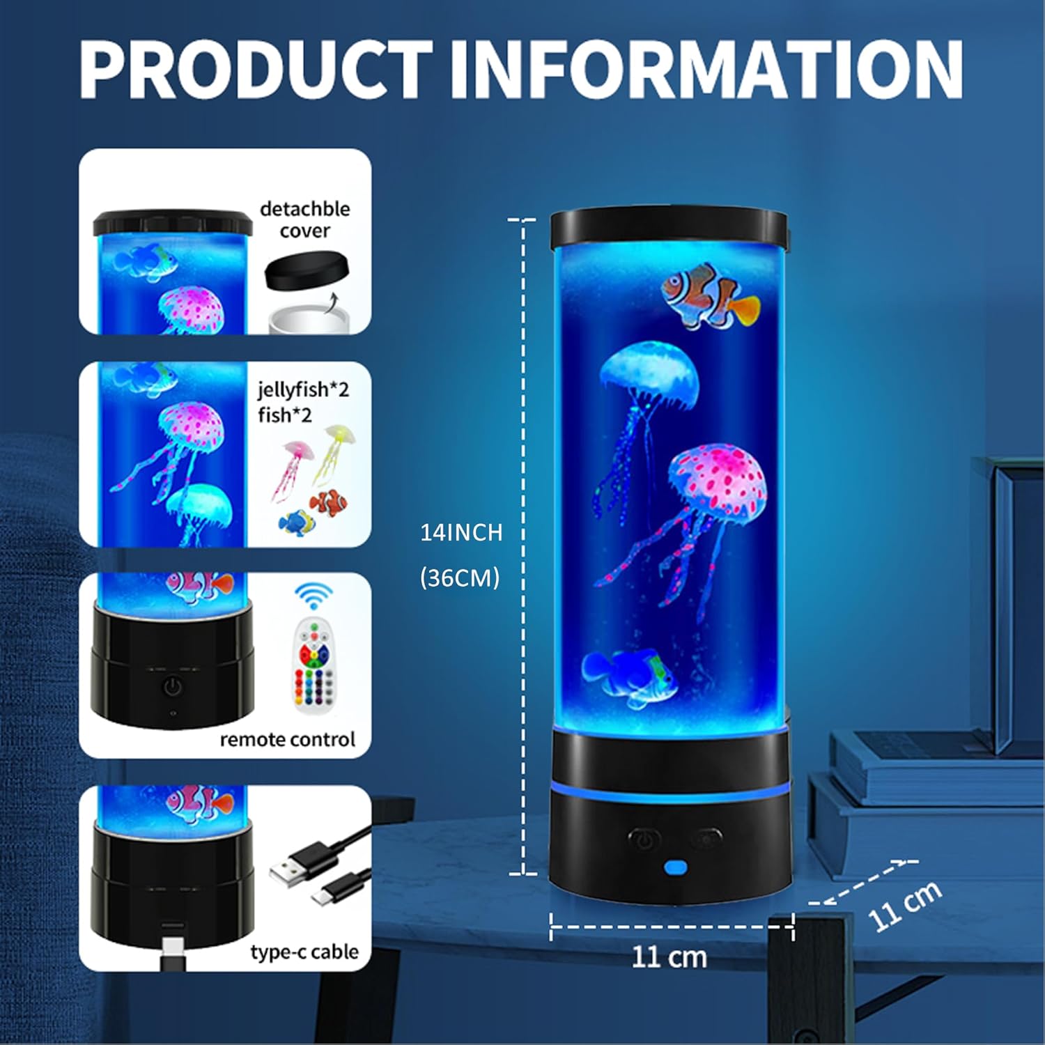 14" Black Minimalist Cylinder Jellyfish Lamp with Remote Control,with 3 Jellyfish (2 Large + 1 Small),16 Color Changes,with Stylish Blue Base Light,USB Powered,for Bedroom and Office Decoration