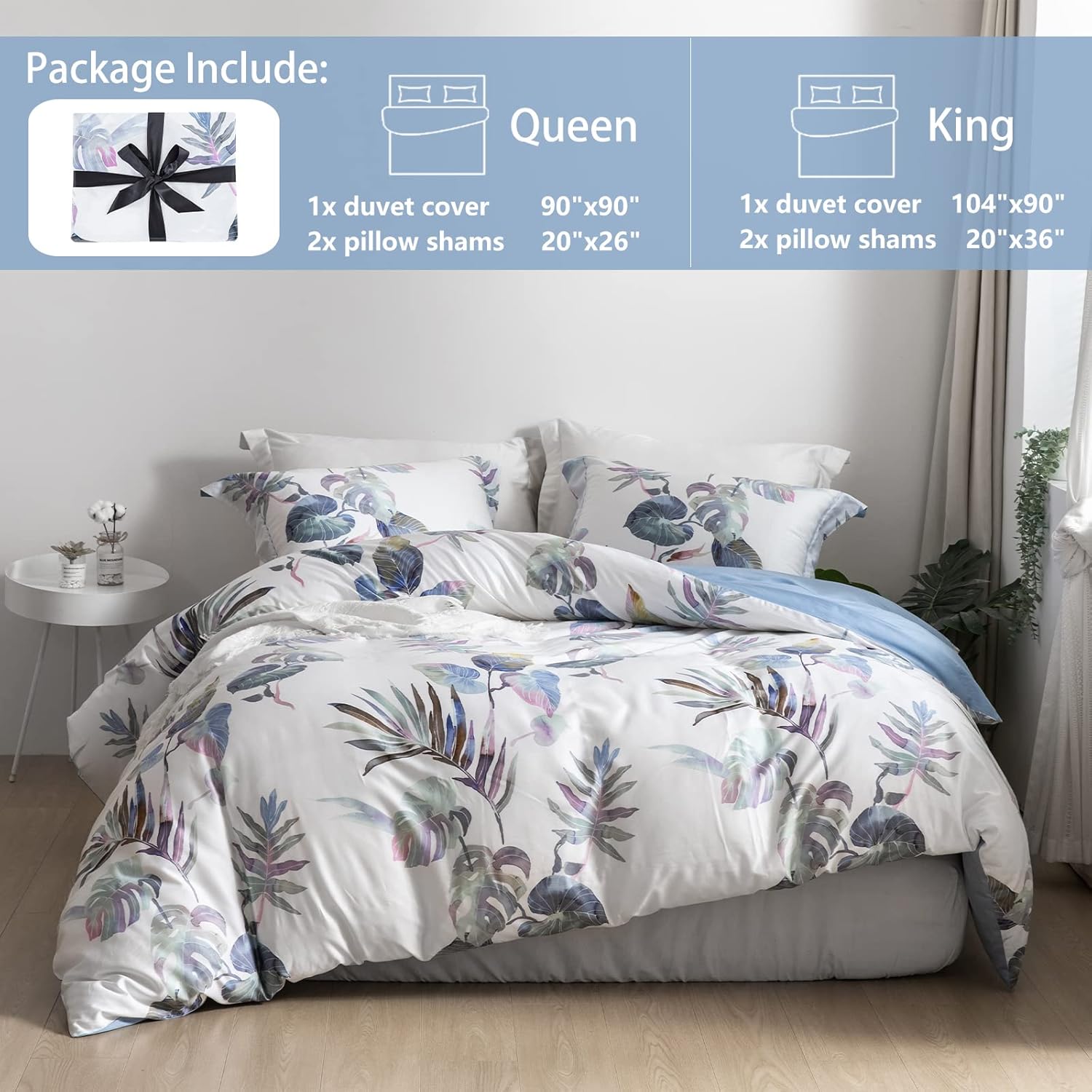 MILDLY 100% Long-Staple Cotton Duvet Cover Set Palm Leaf Pattern Printed Comforter Cover 3pcs, Ultra Soft & Breathable Bedding Set