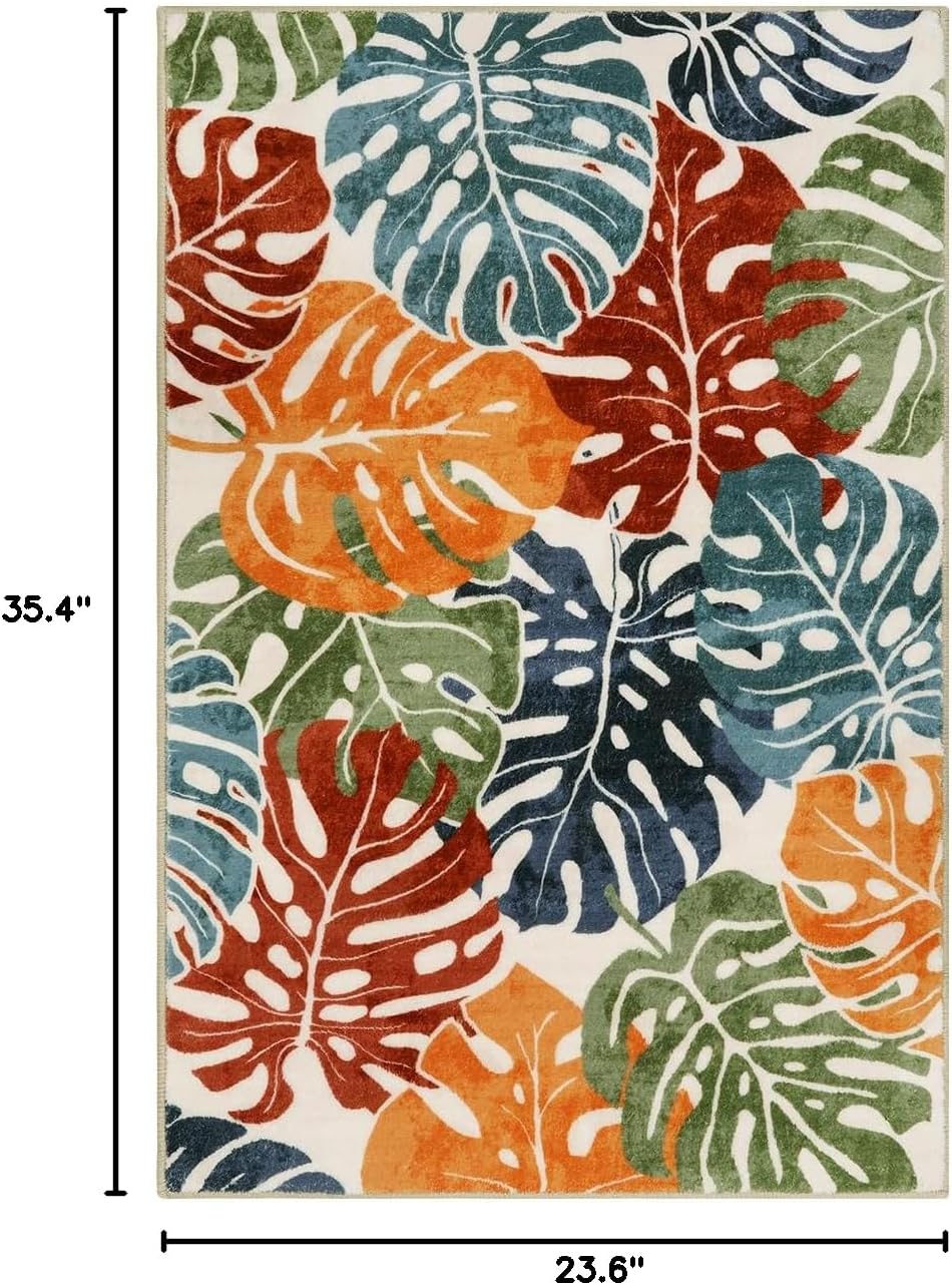 Wonnitar Colorful Washable Rugs 2x3, Tropical Leaves Front Door Entryway Rug, Non-Slip Monstera Bathroom Accent Mat Plant Soft Small Floor Carpet for Indoor Entrance Kitchen Sink Decor