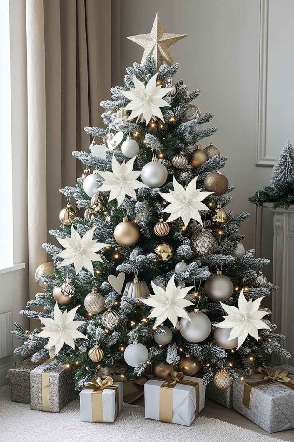 Hollyone 3PCS Poinsettia Christmas Flowers Artificial 11" Large Velvet White Glitter Poinsettia Flowers Christmas Tree Ornaments Floral Picks for Tree Wreath Garland Vase Table Centerpiece Home Decor
