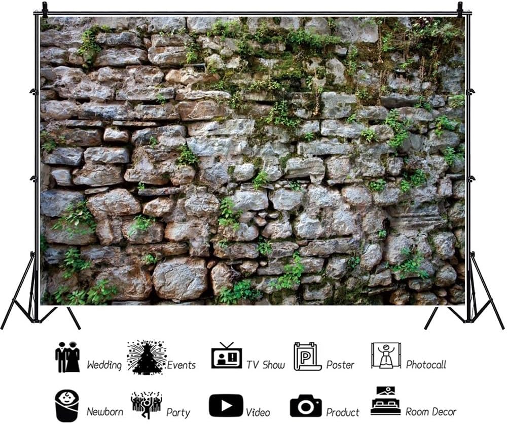 10x6.5ft Rustic Brick Wall Backdrop for Photography Green Moss Stone Wall Textured Background Vintage Rocky Reptile Tank Background Spring Garden Decoration for Child Adult Portrait Studio Photo Props