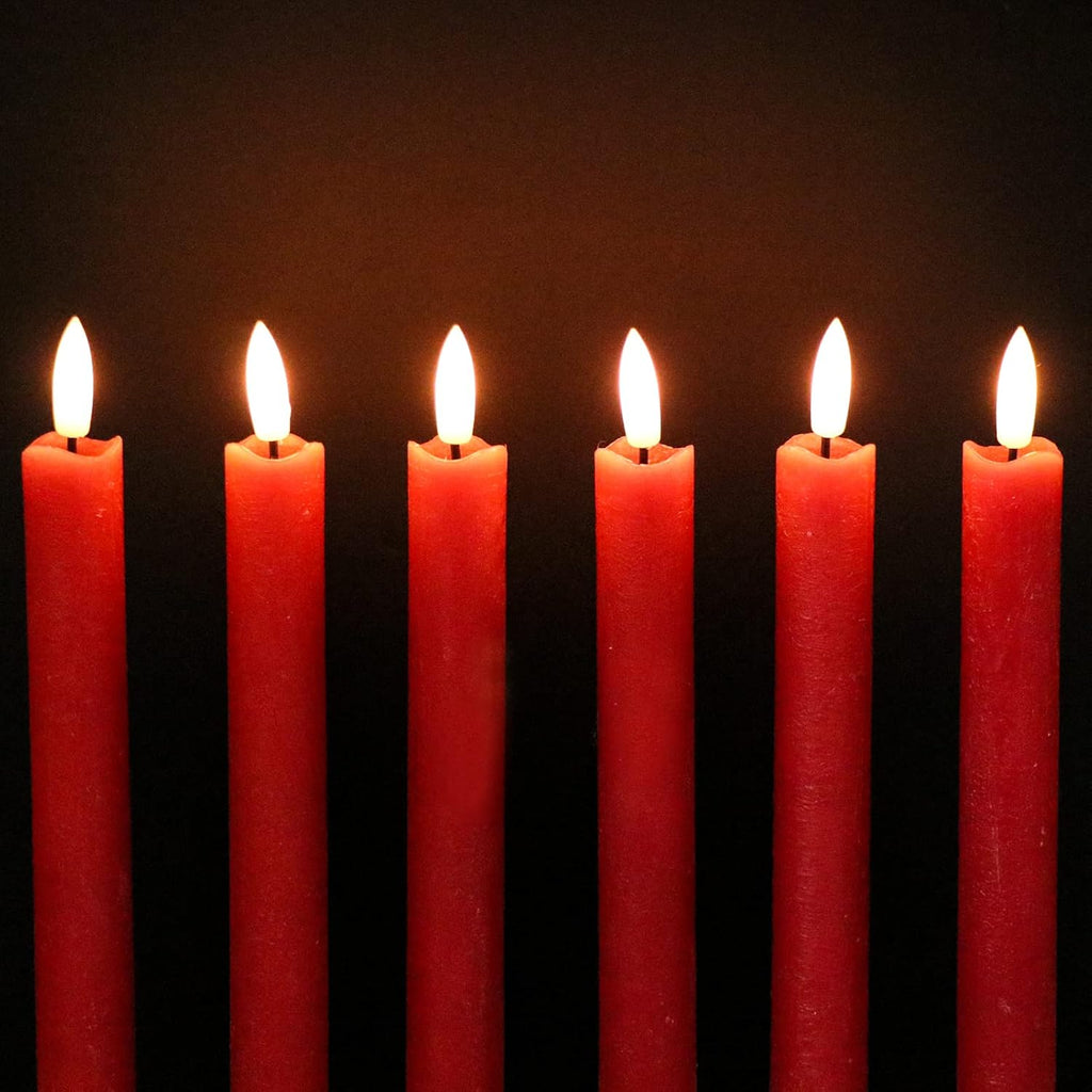 GenSwin Flameless Red Taper Candles Flickering with 10-Key Remote, Battery Operated Led Warm 3D Wick Light Window Candles Real Wax Pack of 6, Christmas Home Wedding Decor(0.78 X 9.64 Inch)