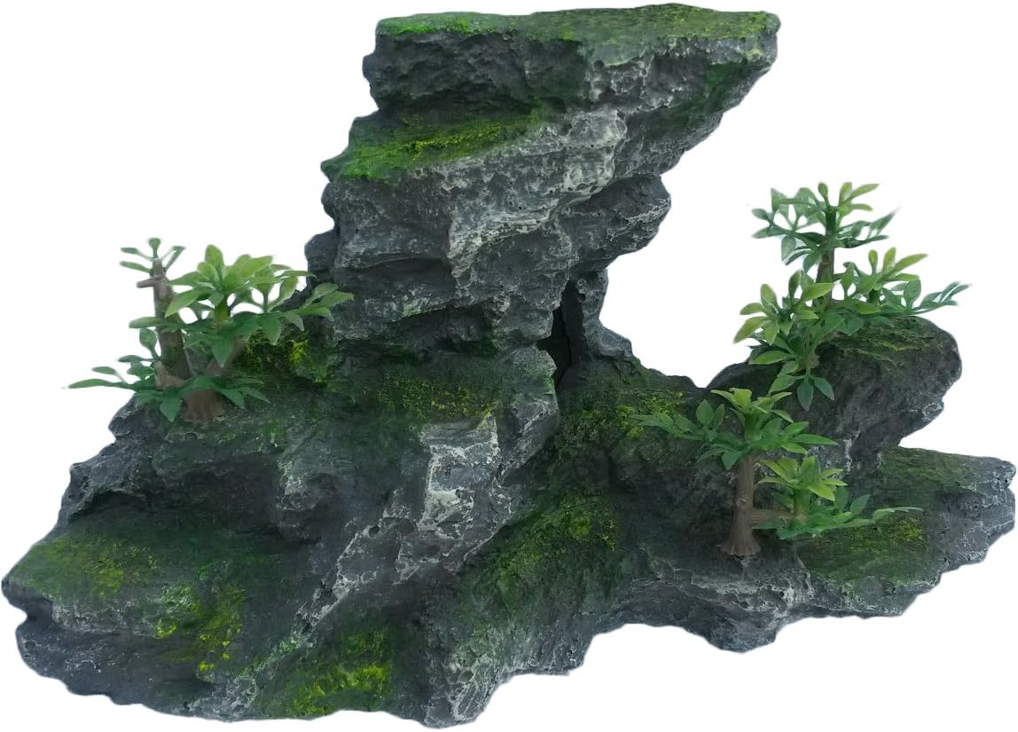 Gray Boulder Rock Outcrop Ledge Ornament, 6 Inches Tall with Plastic Seaweed Plants, Artificial Aquarium & Fish Tank Stepped Decoration Ornament, Fish, Reptile & Turtle Safe Polyresin