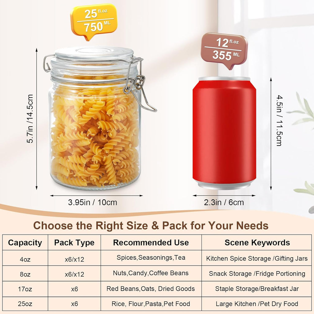25oz Airtight Glass Jars with Lids, Set of 6 Food Storage Containers & Canisters, Clear Mason Jars with Clamp Seal for Canning, Cereal, Coffee, Pasta, Sugar, Beans & Spices