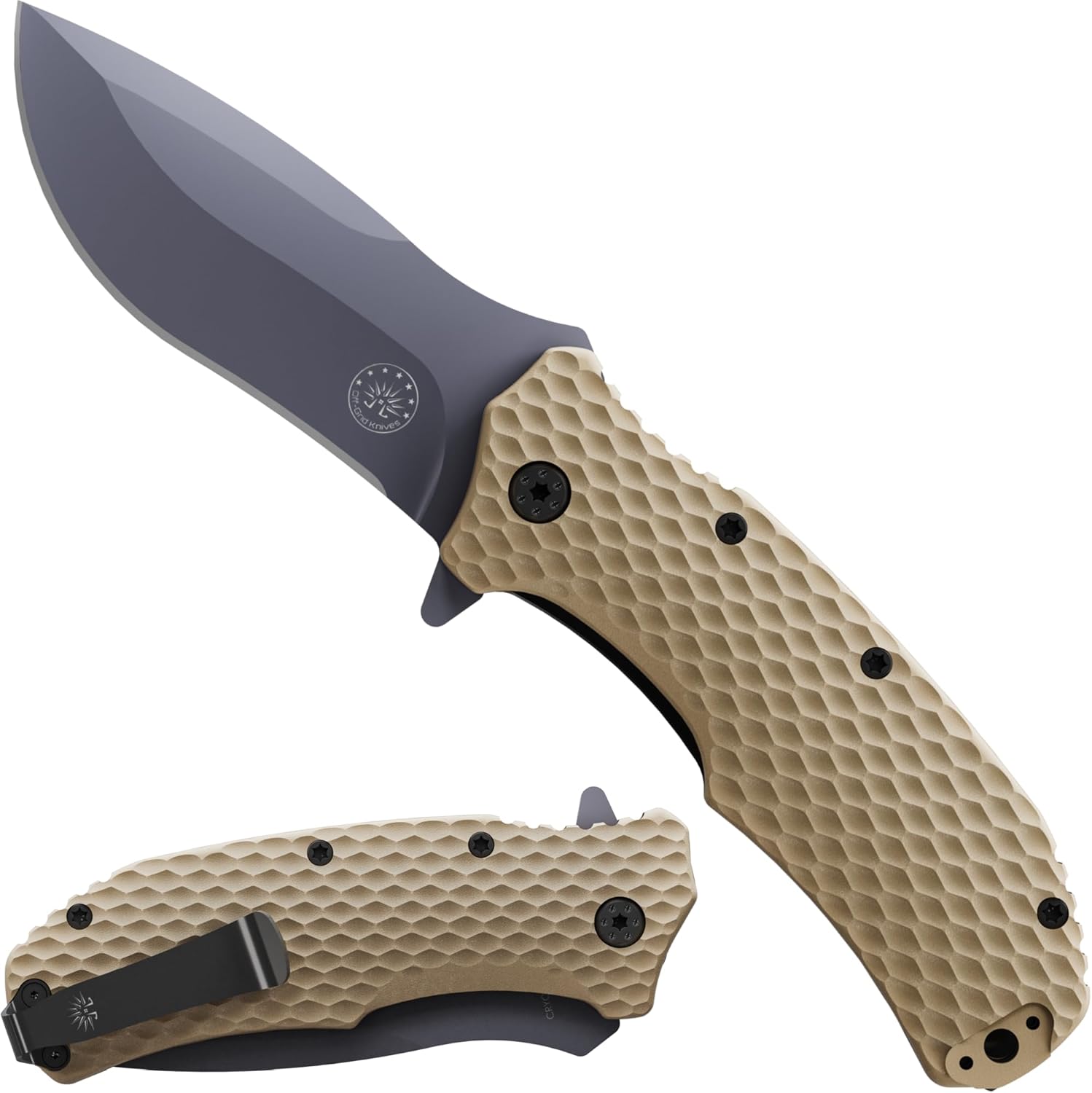 Off-Grid Knives - Rapid Fire Coyote, Large Assisted EDC, Hard Use Construction, Camping and Survival, Cryogenic D2 Blade Steel, Titanium Nitride Coating with G10 Scales, Deep Pocket Carry