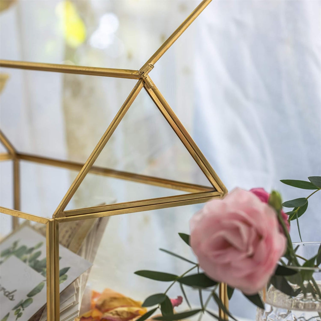NCYP Glass Card Box for Wedding Reception - 10.2" x 5.9" x 8.2" House Shape Clear Terrarium Planter, Home Party Tabletop Decor, Centerpiece, Gold (Glass Box Only)