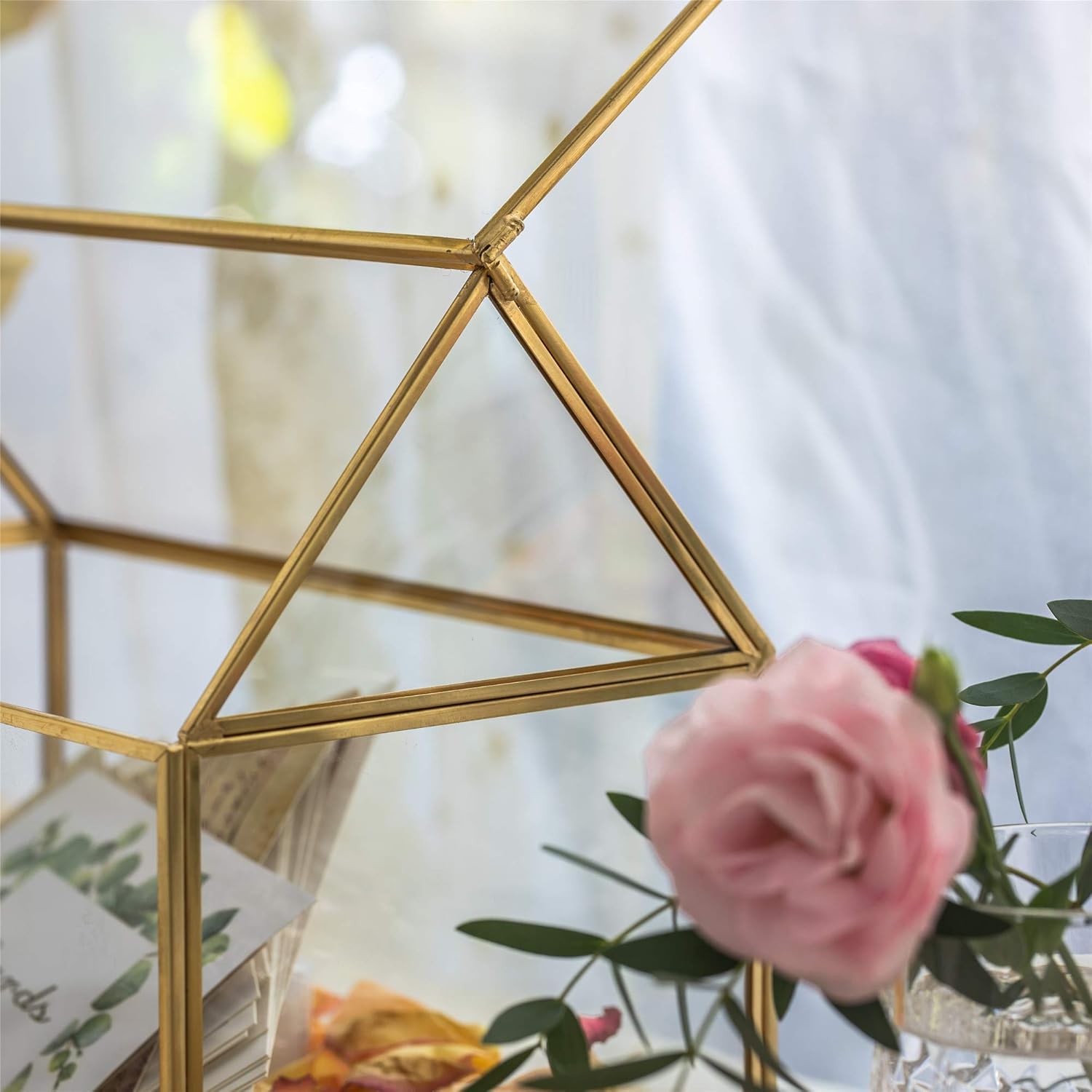 NCYP Glass Card Box for Wedding Reception - 10.2" x 5.9" x 8.2" House Shape Clear Terrarium Planter, Home Party Tabletop Decor, Centerpiece, Gold (Glass Box Only)