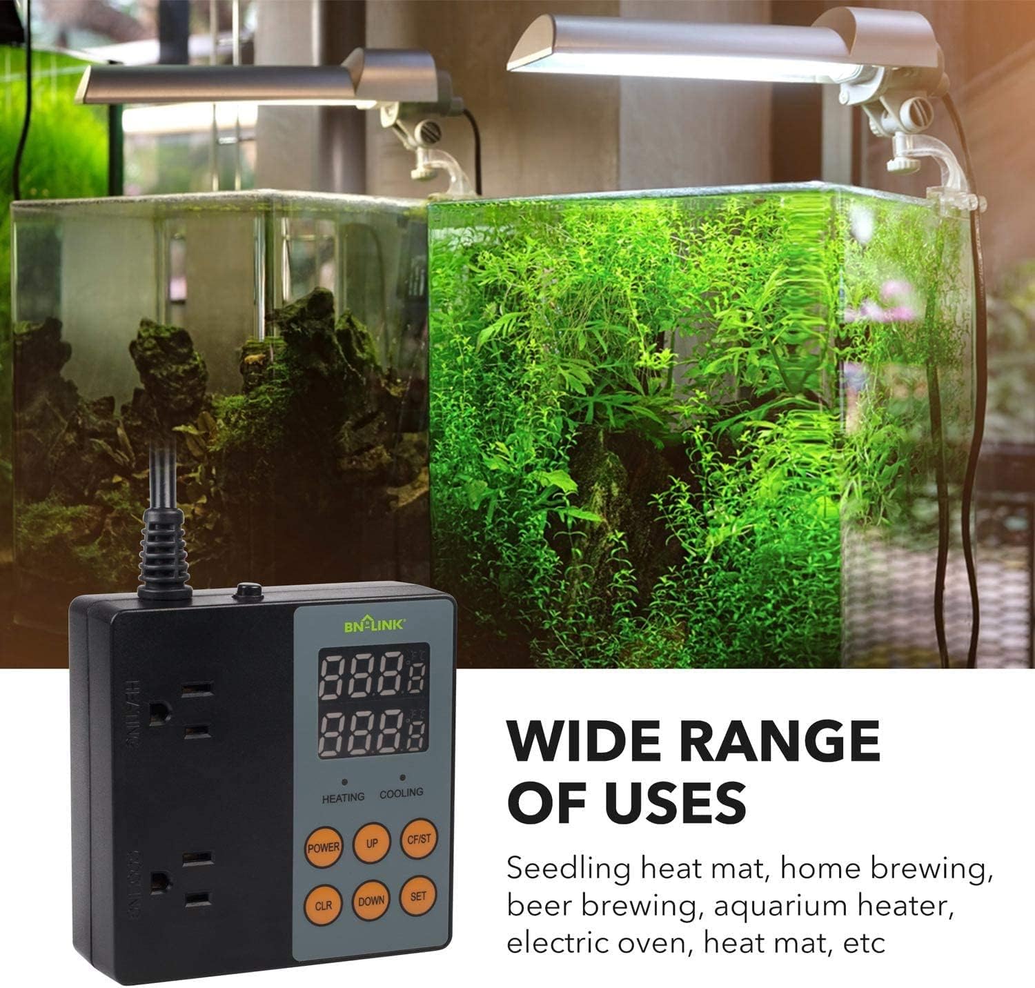 BN-LINK Digital Temperature Controller Heating Cooling 2-Stage Outlet Thermostat Controller Plug for Reptiles Aquarium Carboy Homebrew Breeding Fermenter Seed Germination °C/°F -40-176°F 15A/1875W