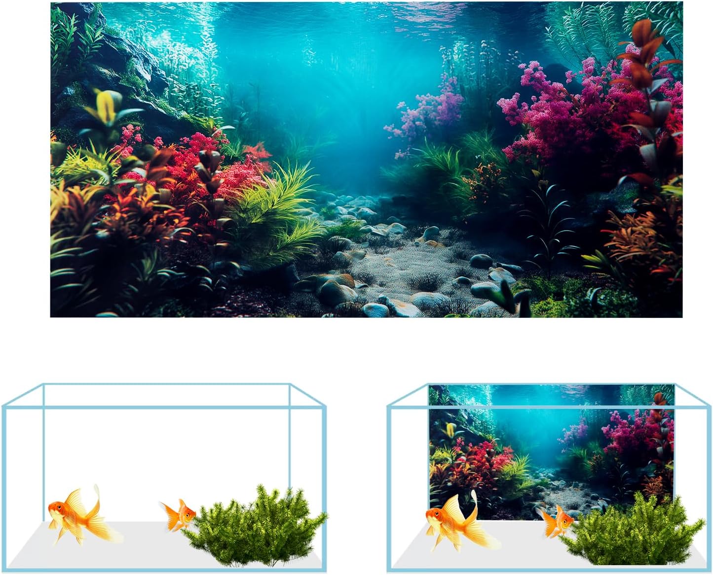 COMSUN 3 Pack Aquarium Background, 30x18 inches Polyester Aquarium Background, Cloth Fish Tank Background, Undersea Corals Sunshines & Rock Aquatic Plants