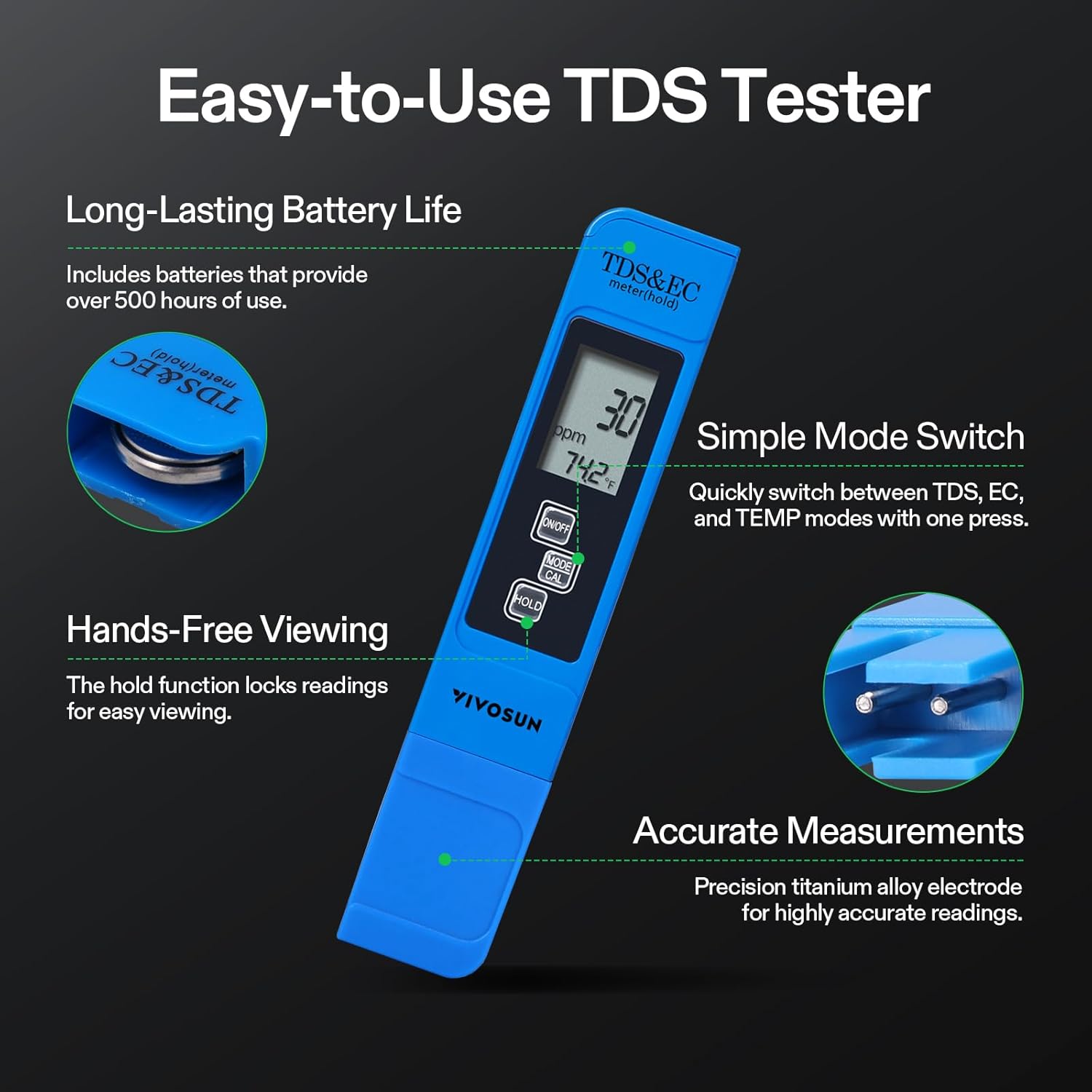 VIVOSUN Digital pH and TDS Meter Kits, 0.01pH High Accuracy Pen Type pH Meter ± 2% Readout Accuracy 3-in-1 TDS EC Temperature Meter for Hydroponics, Pool and Aquarium, Yellow Blue, UL Certified