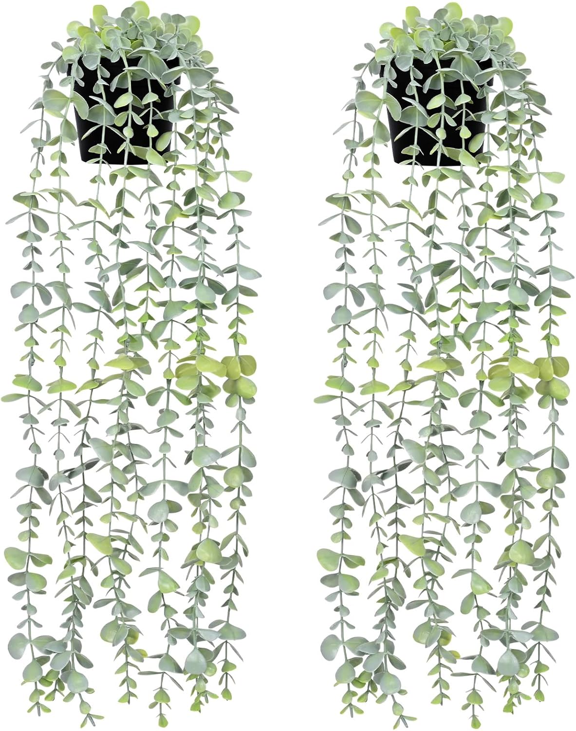 Waipfaru 2Pcs Fake Hanging Plants with Pot Light Green Eucalyptus Leaves UV Resistant Fake Vines Ivy Artificial Plants Outdoor Faux Plants Indoor Bedroom Living Room Boho Wall Porch Shelf Decor