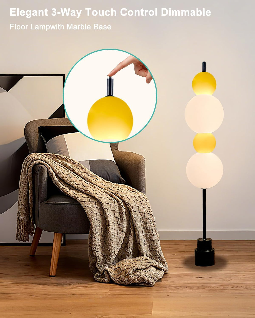 Lightdot Yellow Globe Floor Lamp with 3 Color Temperatures LED Bulbs,Dimmable Floor Lamps with Touch Switch,Unique Modern Standing Tall Lamp for Bedroom Living Room Home Office