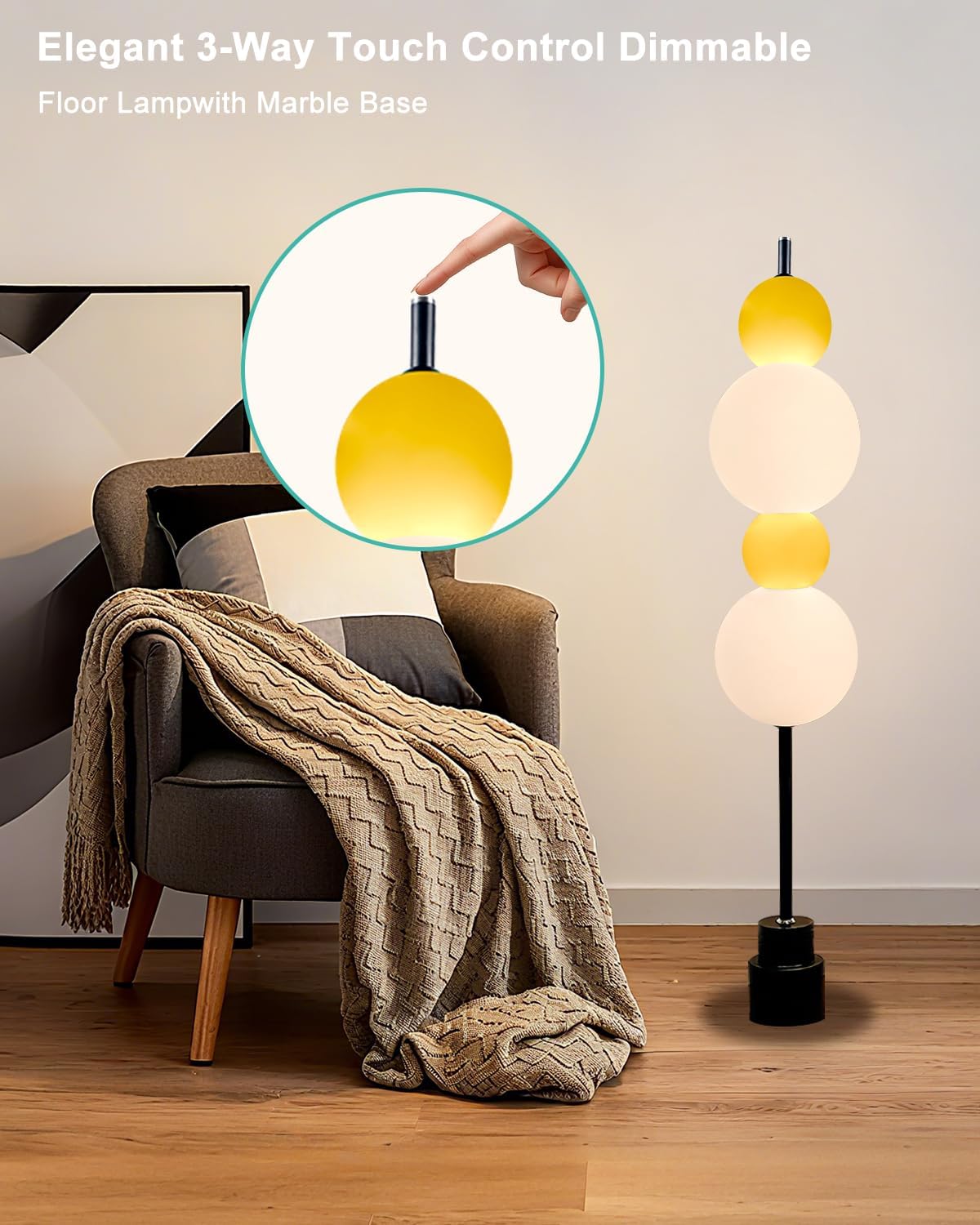 Lightdot Yellow Globe Floor Lamp with 3 Color Temperatures LED Bulbs,Dimmable Floor Lamps with Touch Switch,Unique Modern Standing Tall Lamp for Bedroom Living Room Home Office