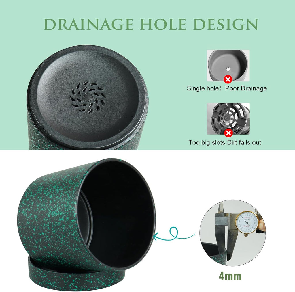 7/6.5/6/5/4 inch Plant Pots, 5 Pack Cylinder Flower Pots for Small Indoor Outdoor Plants, Plastic Planters with Drainage Holes and Saucer for Garden Succulent Plants, Black With Green Speckles