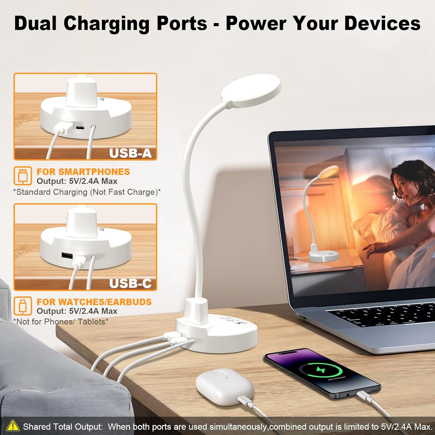 15W LED Desk Lamp with USB Charging Ports – Dimmable Table Lamp with 3 Color Temps, 5 Brightness, 4 Timers, Flexible Gooseneck Light with Base, Eye-Caring Reading Light for Home Office, Bedroom, Study