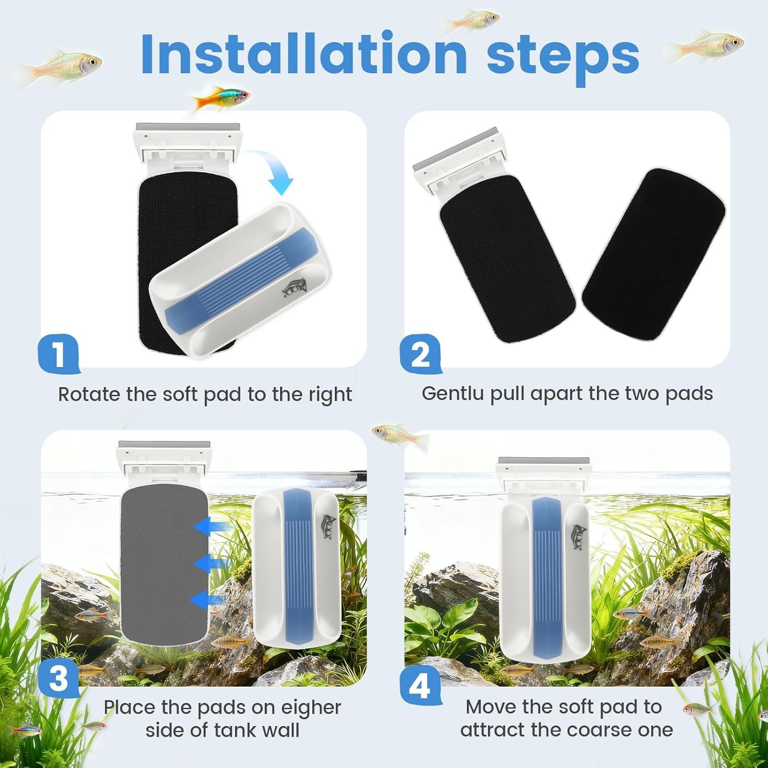 AQQA Aquarium Magetic Glass Cleaner Brush with 2 Detachable Scrapers Floating Fish Tank Cleaning Tools Algae Scraper for 1/8-1/4 inch Thick Glass/Acrylic Tanks (Small)