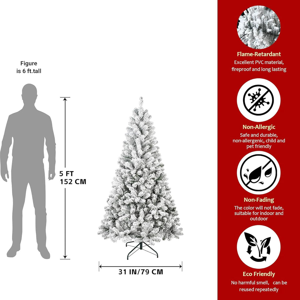 5FT Flocked Artificial Christmas Tree, Full Unlit White Christmas Tree with Premium PVC Branches, Realistic Snowy Look, Sturdy Metal Stand, Indoor Fake Snow Xmas Tree for Home Office Shops