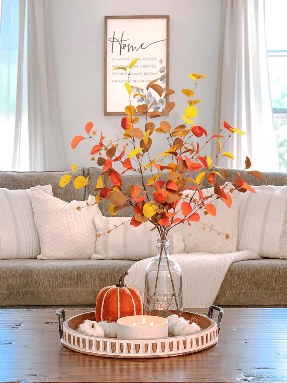 Beferr Fall Eucalyptus Stems Christmas Decor - 5Pcs 32" Tall Faux Eucalyptus Leaves Pumpkins Branches Autumn Thanksgiving Farmhouse Harvest Fireplace Table Centerpiece Home Decorations