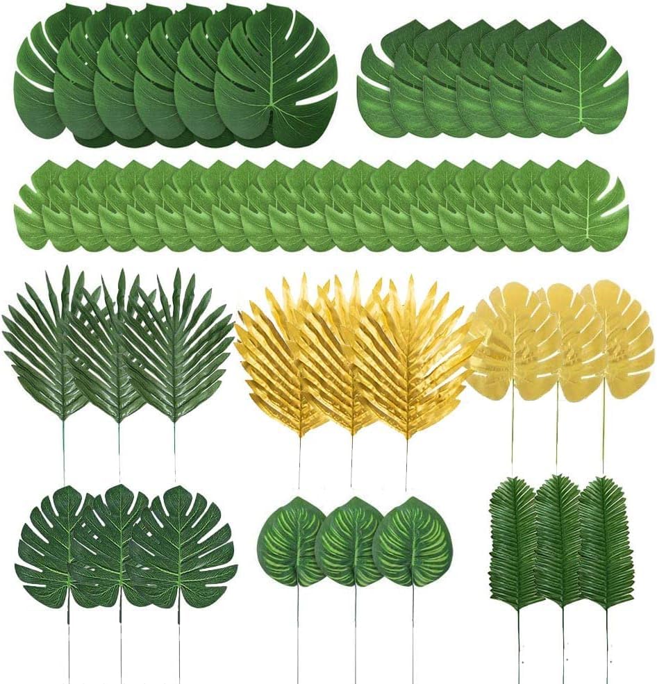 120Pcs 9 Kinds Artificial Tropical Leaf Jungle Leaves Golden Plant Safari Leaves Decorations for Hawaiian Party Beach Birthday Luau Party Decorations