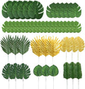 120Pcs 9 Kinds Artificial Tropical Leaf Jungle Leaves Golden Plant Safari Leaves Decorations for Hawaiian Party Beach Birthday Luau Party Decorations