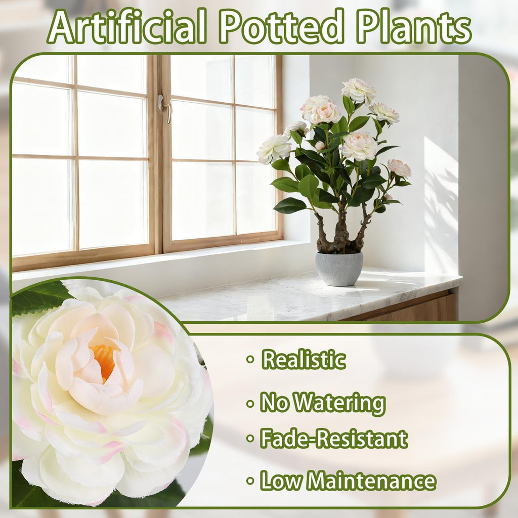 TOARTi Artificial Camellia Potted Plant with Stone Pot, 20.5" Tall Fake Potted Flowers Faux Plants Desk Plant, Realistic Decorative Plants Indoor Decor for for Home Bedroom Bathroom Office Desk