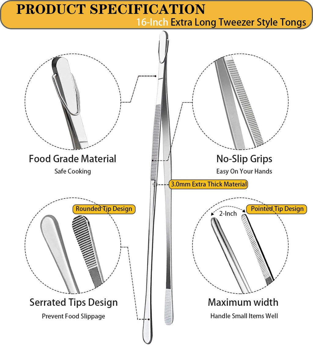 JETKONG 2 Pcs 16-Inch Kitchen Tweezers Extra Long Tweezer Tongs, Heavy Duty Stainless Steel Cooking Tweezers (Silver)